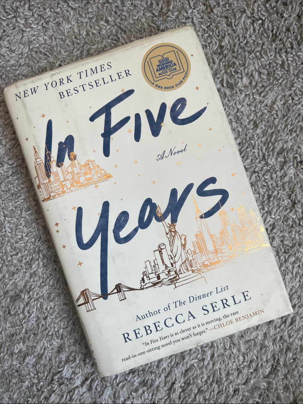 In Five Years by Rebecca Serle — White Cover with Navy & Gold Accents